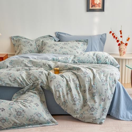 HighBuy Blue Muslin Duvet Cover Set King Chic Muslin Cotton Textured Floral Bedding Set,Vintage Gauze Super Soft Comforter Cover,Comfortable Chic Lightweight - 1 Duvet Cover with 2 Pillowcase