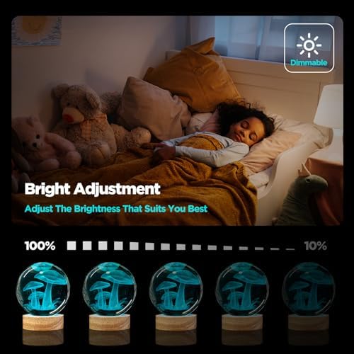 3D Mushroom Crystal Ball Night Light with Remote Upgraded 3.15 In Mushroom Glass Ball Table Lamps with 16 Color Led Wooden Base for Birthday Xmas Cute Mushroom Room Decor Gifts for Kids Women Teen