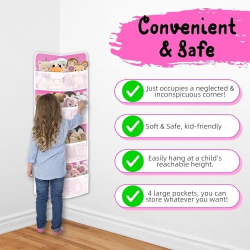 Soft Corner Shelf | Safe Hanging Organizer | Child-Friendly Wall Mount Storage | for Sundries, Toys, Stuffed Animals, Diapers | for Pantry Closet Bedroom Nursery Organization Pink