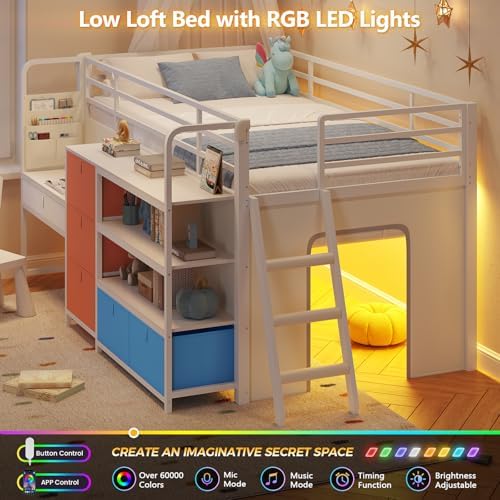 Low Twin Loft Bed with Desk,6 Storage Drawers,Led Lights & Kids Secret Base