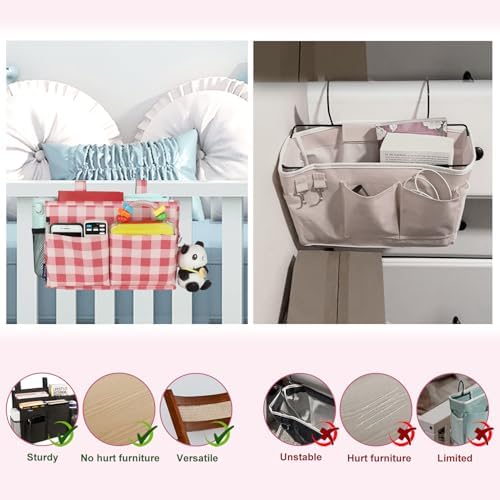 Surblue Bedside Caddy Hanging Bed Organizer Storage Bag Pocket for Bunk and Hospital Beds, College Dorm Rooms Baby Bed Rails, Camp 4 Pockets and 2 Hooks (Small,Red Plaid)