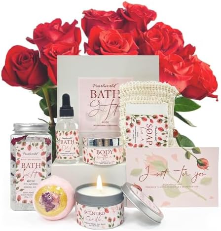 Rose Spa Gift Set for Women, Luxury 9 Pcs Bath Salts Set, Relaxation Gifts for Women, Self Care Set, Clean Moisturizing Skin, Gifts for Mom, Wife, Sister, Friend