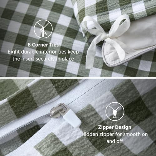 Bedsure Gingham Ruffle Duvet Cover Set, King, Cotton-Like Bed, Olive Green