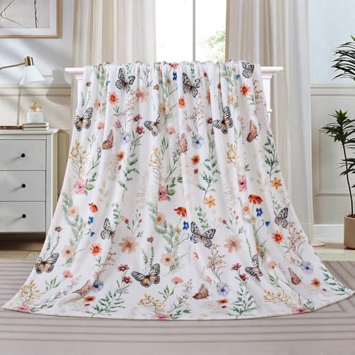 Floral Blanket Butterfly Wildflower Throw Blankets Colorful Flowers Botanical Plant Leaf Blanket Soft Cozy Flannel Fleece Bed Blankets for Couch Sofa Bed Lounging