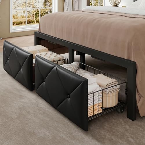 Einhomn Queen Bed Frame with Storage Drawer, Metal Platform Bed with Charging Station, Upholstered Faux Leather Button Tufted Storage Headboard, No Box Spring Needed, Noise-Free, Easy Assembly, Black