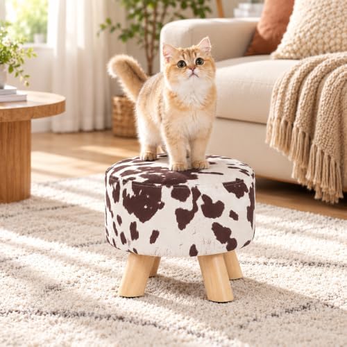 Small Round Ottoman Foot Stool, 10.4" H Footrest for Under Desk & Mini Spaces, Upholstered Linen Fabric Accent Stool for Living Room & Bedroom, Brown Cow