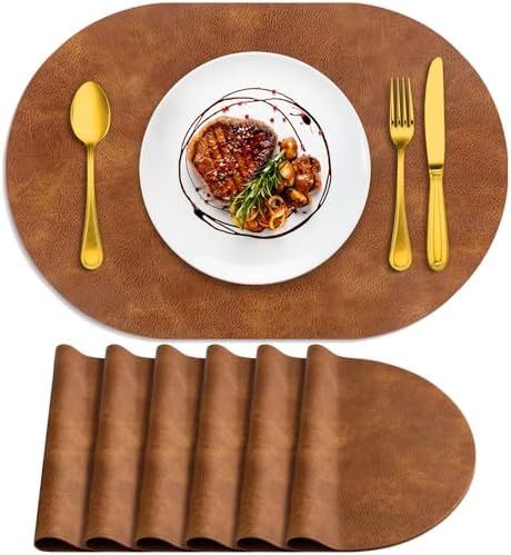ADRIMER Oval Placemats Set of 6, Wipeable Faux Leather, Turmeric Brown