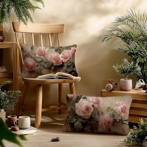 Vintage Pink Rose Floral Rectangle Pillow Throw Cover 20x12 Decor, Shabby Chic Rustic Cottagecore Decorative Throw Pillow Covers Double-Sided Set of 2