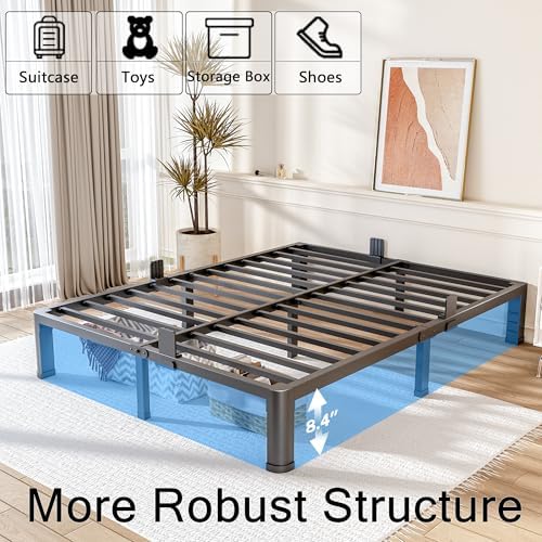 10 Inch Queen Bed Frame with Rounded Corner and Headboard Hole Mattress Retainers 3500 LBS Metal Heavy Duty Steel Slats Support No Box Spring Needed Platform Noise Free Easy Assembly