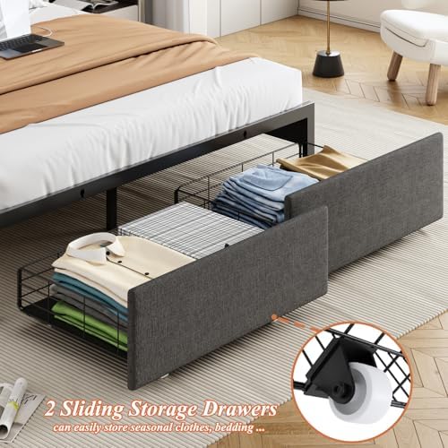 Queen Size Bed Frames with Storage Headboard and 2 Drawers, Upholstered Platform Bed Frame Queen with Led Lights and Handy Charging Station, No Box Spring Needed, Easy Assembly, Noise Free, Gray