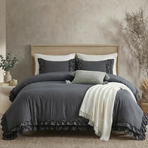 Dark Grey Ruffled Duvet Cover King Boho Bedding Set Gary Ruffle Fringe Shabby Chic Bedding Super Soft Cozy Farmhouse Duvet Cover Set for All Season