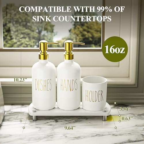 Cisily Kitchen Soap Dispenser Set Comes with Ceramics Sponge Holder, Gold Pumps, and Instant Dry Tray, Hand and Dish Soap Dispenser Set (4, Gold + White + Brush Holder)