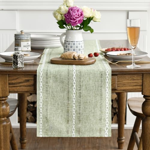 Artoid Mode Sage Green Rustic Cotton Linen Table Runner, Seasonal Embroidered Hollow Kitchen Dining Table Decoration for Home Party Decor 13x108 Inch