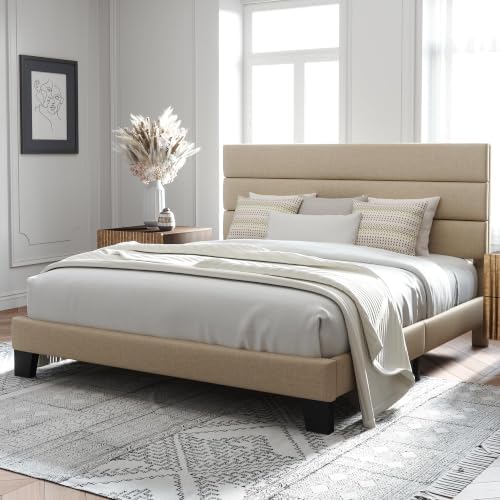 Allewie Cal King Size Platform Bed Frame with Fabric Upholstered Headboard