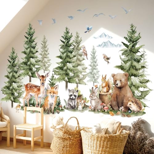 DECOWALL Large Watercolor Pine Tree Woodland Animals Wall Decals (SG4-2422)