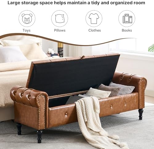 Storage Bench 67" Faux Leather End of Bed Benches Brown