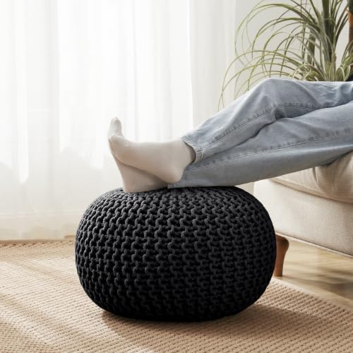 Pouf Ottoman Foot Rest Stuffed – 20” Diameter x 14” Tall Cozy Floor Pouf for Living Room, Bedroom, Nursery & More – 100% Cotton Knit Shell, EPS Bead Filled Footrest & Accent Chair, Black
