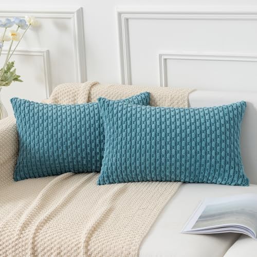 Kevin Textile Soft Corduroy 12"x20" Lumbar Pillow Covers 2 Pack, Light Blue