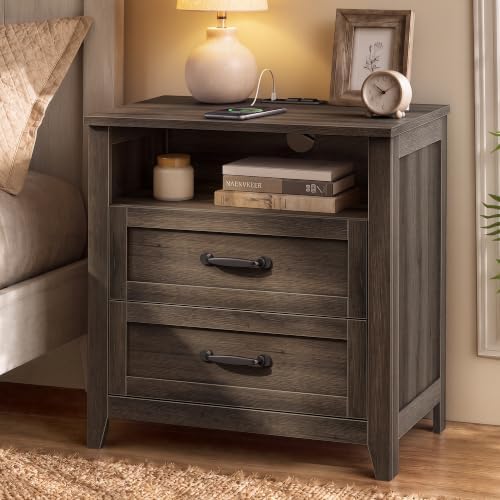 VASAGLE Farmhouse Nightstand with Charging Station, 2 Drawers, Open Shelf