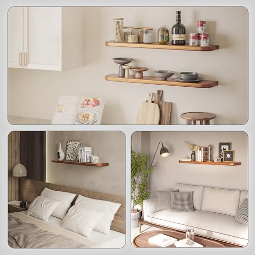 BATODA 36" Acacia Wood Floating Shelves Wall Mounted (Round Edge) – Rustic Farmhouse Wooden Wall Storage Shelf for Bedroom, Kitchen - Brackets and Shelving Hardware Included (Acacia,36 Inch Length)