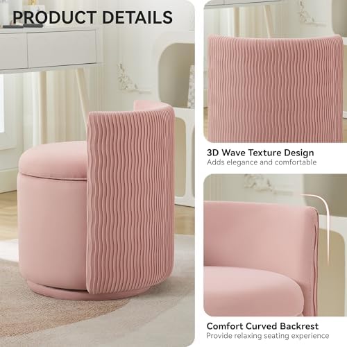WUTUTUEE Velvet Vanity Chair with Storage, 360° Swivel Makeup Chair with Wave Back, No Assembly Small Accent Stool for Bedroom, Dressing, Living Room, Pink