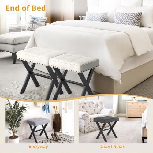 LUE BONA White Vanity Stool - Square Faux Leather Makeup Seat With Metal X Legs, Small Ottoman Chair for Makeup Room, Living Room, Bathroom - Padded Foot Rest