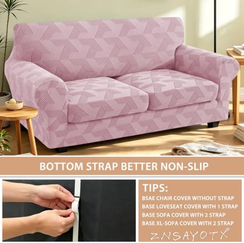 ZNSAYOTX 3 Piece Stretch Loveseat Covers (55"-71") New-Rectangle Texture, Thick Sofa Covers for 2 Cushion Couch Universal Sofa Slip Cover with Elastic Bottom & Buckle, Soft Protector Dusty Pink