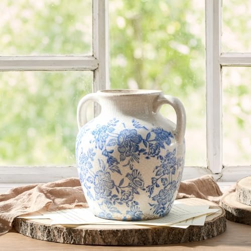Ceramic Vase with Handles, Vintage Utensil Holder, Flower Decorative Vase Chinoiserie Decor Rustic Farmhouse Retro Floral Vases for Table Bookshelf Mantel Kitchen Living Room Office - 6.7” Blue 018