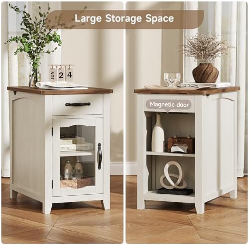 ONBRILL Rustic End Table with Charging Station, Narrow Side Table, White