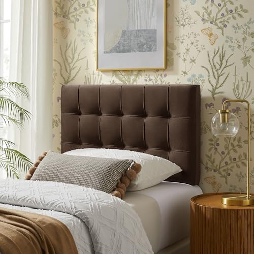 Modway Lily Twin Size Stain-Resistant Performance Velvet Headboard in Chocolate Brown - Velvet Upholstery with Button Tufting and 4 Adjustable Height Positions