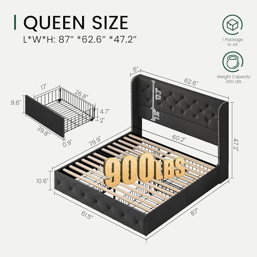 LARMACE Upholstered Queen Size Bed Frame with 4 Storage Drawers and 47.2" Tall Wingback Headboard Tufted Platform Bed Frame Linen Beds with Wooden Slats Support, Easy Assembly, Dark Grey