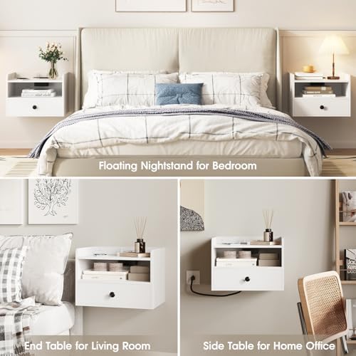 Floating Nightstand Set of 2 Modern Night Stands with Drawer and Open Shelf