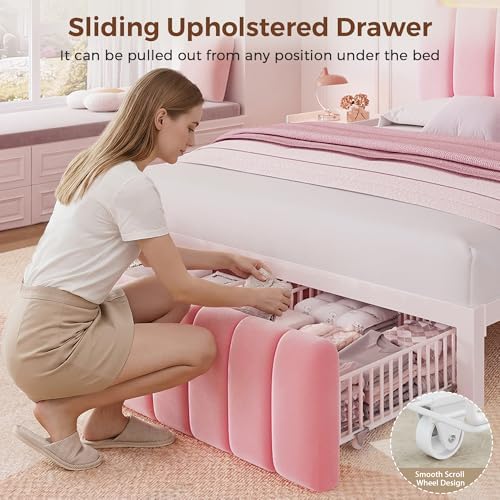 Jocoevol Queen Bed Frame with Storage Headboard,Upholstered Princess Bed Frame Queen Size with Storage Drawers and Charging Station,Velvet Platform Metal Bed, Noise-Free, No Box Spring Needed