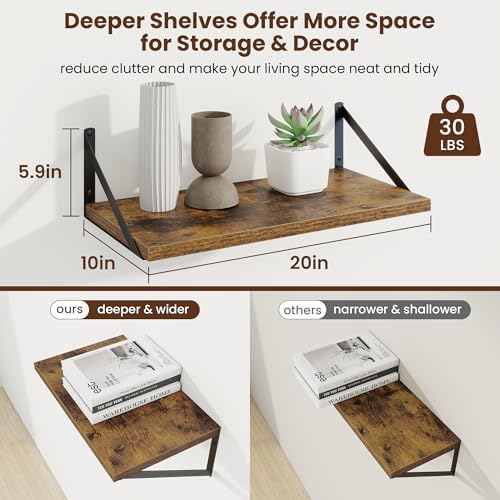 Axeman 20 Inch Floating Shelves, 10 Inch Deep Brown Wall Shelves Set of 2