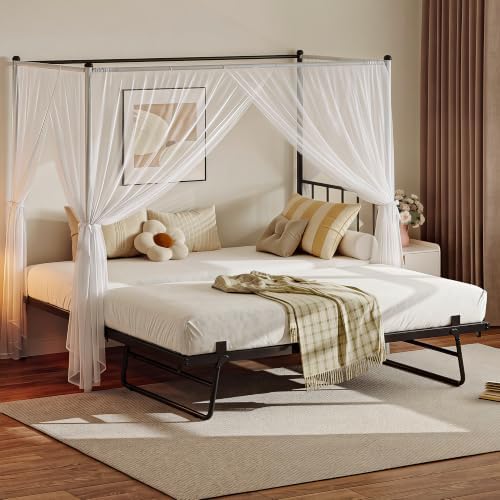 LIKIMIO Twin Daybed with Trundle, Canopy Bed with Pop Up Trundle, Black