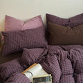 mixinni Vintage Burgundy Grid Duvet Cover Set King Size - 3 Piece Washed Cotton Bedding Set, Retro Buffalo Plaid Duvet Cover with Pillowcases, Mid Century Modern Bedding for All Seasons