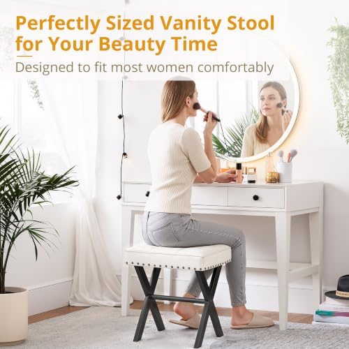 LUE BONA White Vanity Stool - Square Faux Leather Makeup Seat With Metal X Legs, Small Ottoman Chair for Makeup Room, Living Room, Bathroom - Padded Foot Rest
