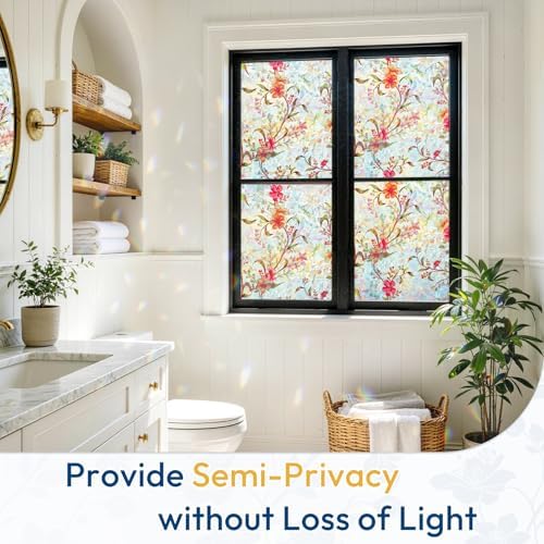 rabbitgoo Stained Glass Window Privacy Film, Cosmos Floral, 17.5" x 118.1"