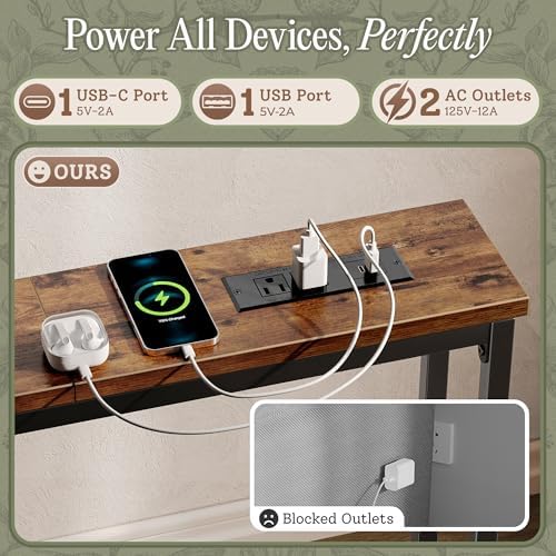 Huuger 110.2 Inch Behind Couch Table with 2 Power Outlets and USB-C Ports, Extra Long Narrow Sofa Table for Sectional Sofa, Skinny Console Table with Anti-Bump Pads, for Living Room, Rustic Brown