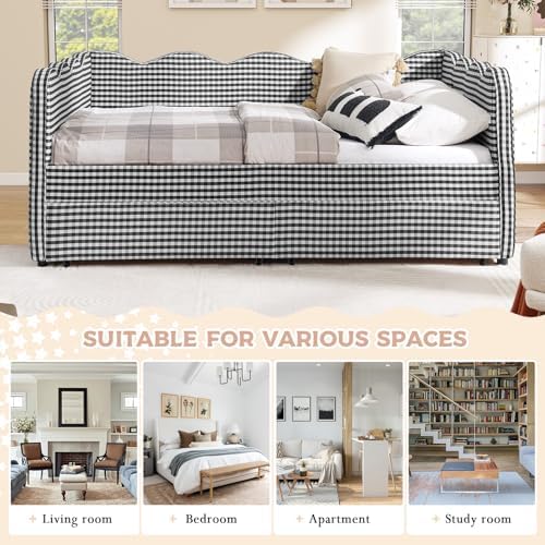 Full Size Daybed with Storage Drawers, Linen Gingham Daybed with USB Ports & Wave Shaped, Upholstered Day Bed Frame, Modern Sofa Bed for Living Room/Bedroom/Guest Room, No Box Spring Needed, Black