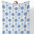 Winter Blue Snowflake Throw Blanket for Couch, Snowflake Christmas Decor, Vintage Blue and White Porcelain Floral Throw Blanket for Bedroom Living Room Home Decoration, 50x60 Inches