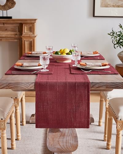 ZeeMart Linen Checked Farmhouse Table Runner, 13x36 Inches Burgundy