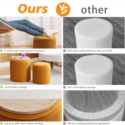 BLEXA Set of 2 Round Storage Ottoman, Yellow Velvet Stool with Storage