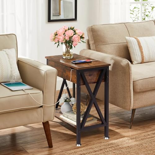 Flip Top End Table with Charging Station, 12" D x 24" W x 24" H, Brown