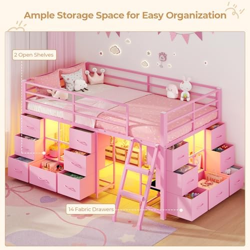 Low Loft Bed Twin Size with 14 Storage Drawers & 2 Shelves, Pink