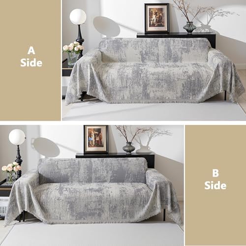 MEETSKY Couch Cover Boho Sofa Covers Couch Covers for 3 Cushion Couch Sofa Pet Friendly, Abstract Geometric Washable Sofa Slipcover for Sectional Sofa Cover with Tassel, 91" x 134", Light Grey