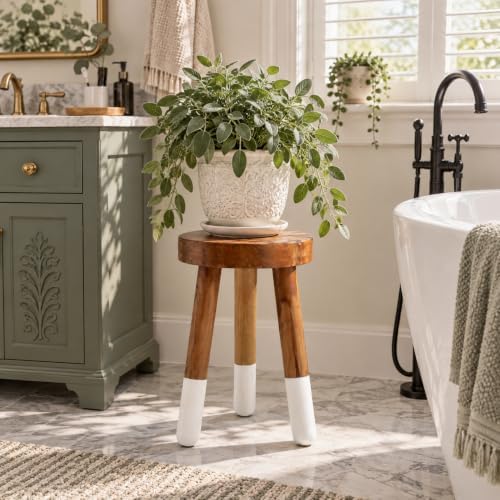 Teak Wood 9" Round Plant Stand |Dip Dyed Plant Stand |Accent Stool |Milking Stool |Bath Stool |Small Side Table (16" Tall White)
