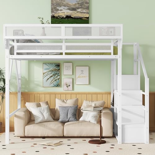 Full Size Metal Loft Bed Frame with Convertible Staircase, Built-in Storage Shelves & Wardrobe, Loft Bed with Solid Slats & Guardrail, No Box Spring Required, Easy Assembly, for Bedroom, White