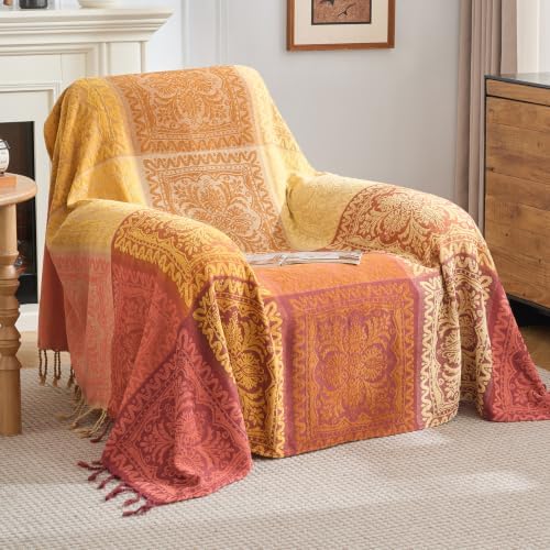 Boho Throw Blanket, Chenille Jacquard Couch Throw with Tassels