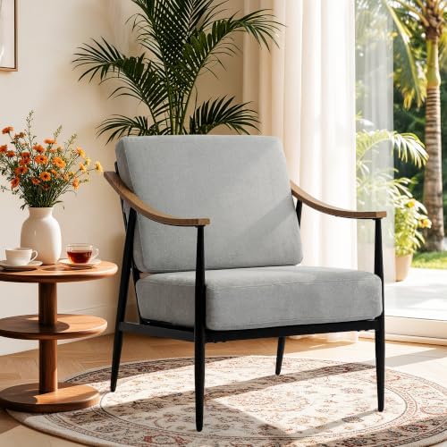 RNKSFX Modern Accent Chair for Living Room Bedroom Mid Century Arm Chair Upholstered Office Accent Chair Comfy Waiting Room Chair with Metal Frame, Grey